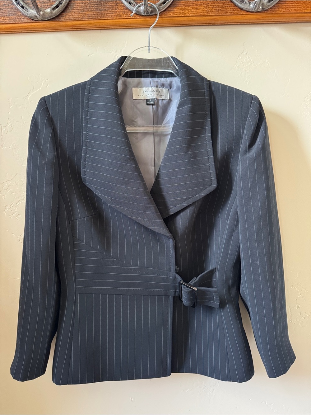 Tahari ASL Navy Pinstripe Tailored Blazer with Side Buckle